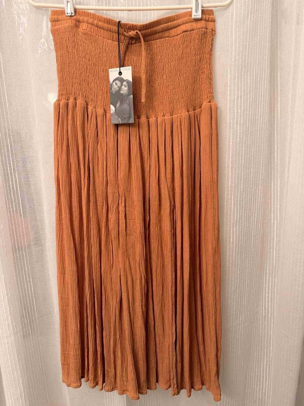 Kendall + Kylie Maxi Skirt Sz L Orange/Mustard Yellow Drawstring Smocked w Slit